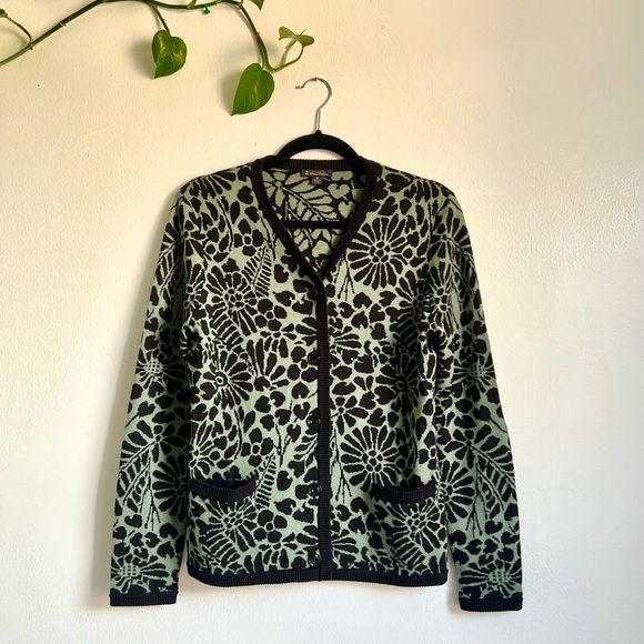 Brooks Brothers Floral Mint Green and Black Cardigan Silk/Cotton Blend - Picture 1 of 10